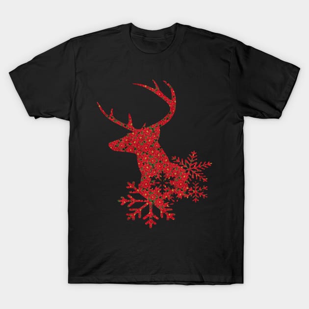 Red Poinsettia Christmas Deer T-Shirt by Atteestude